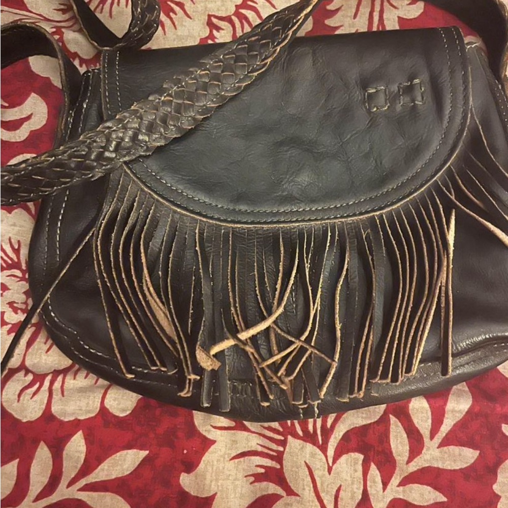 BEDISTU black leather fringe bag